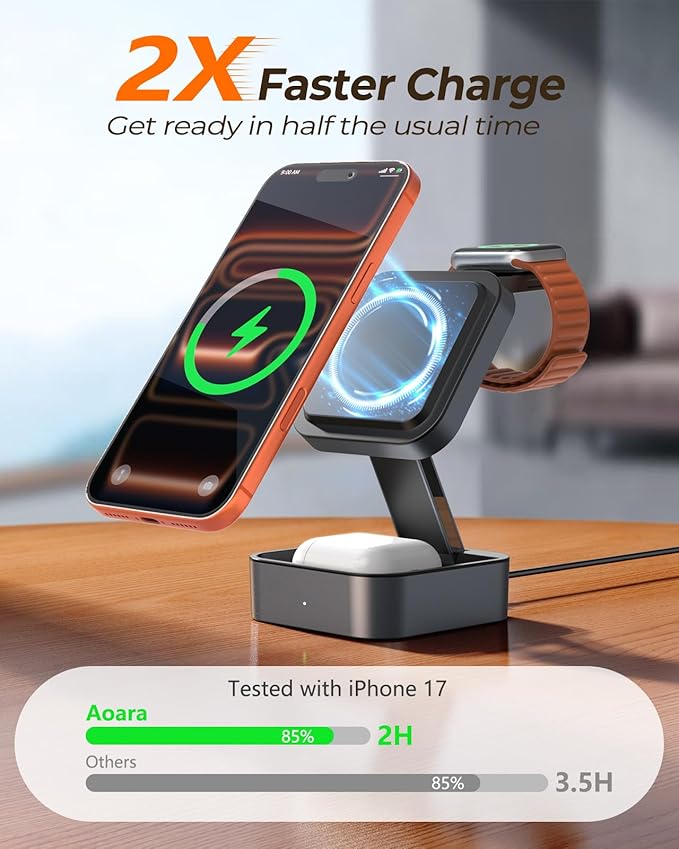 3 in 1 Wireless Charging Station for Apple Multiple Devices, Foldable Travel Compact MagSafe Charger Stand with 20W PD Adapter for iPhone 17/16/15/14/13, Apple Watch, AirPods Pro/4 - Space Grey