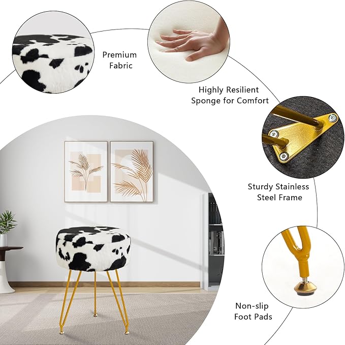 Velvet Vanity Stool, Modern Ottoman Foot Rest Stool with Adjustable Golden Legs, Makeup Chair for Vanity, Multifunctional Makeup Stool for Vanity, Small Vanity Chair for Bedroom, Cow