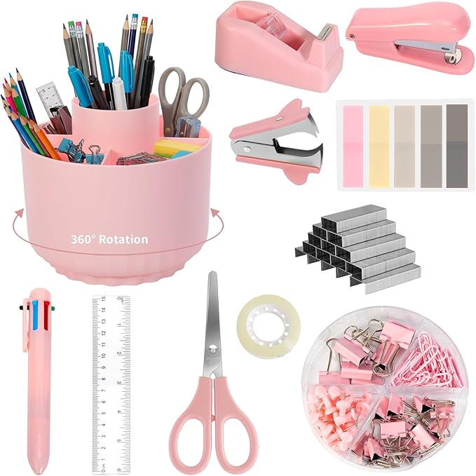 Pink Desk Accessories, 11Pcs Desk Organizer with 360°Rotating Pen Holder, Stapler, Staples, Staple Remover, Pen, Ruler, Tape Dispenser, Tape, Clips, Scissor, Notes, Office Supplies