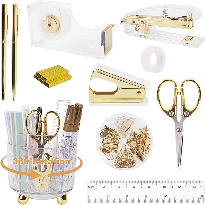 Office Desk Accessories Supplies - 11 Pcs Gold Desk Decor Set with 360-Degree Rotating Pen Holder, Women Cute Aesthetic Office Essentials Kit, Stapler Tape Dispenser, Acrylic Gift for School Home Work