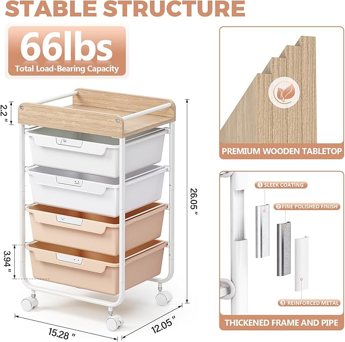 SYKIARIOL Rolling Storage Utility Cart with 4 Drawers,Kids Craft Art Cart,Makeup Organizer and Storage with Wooden Tabletop,Pearl