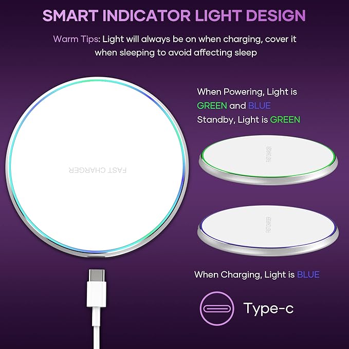 Wireless Charger 15W Max Fast Charging Pad Compatible with iPhone 17 16 15 14 13 12 11 Pro Max/Mini/Plus/XR/X/8, Samsung Galaxy S23/S22/S21/S20/S10, Galaxy Buds