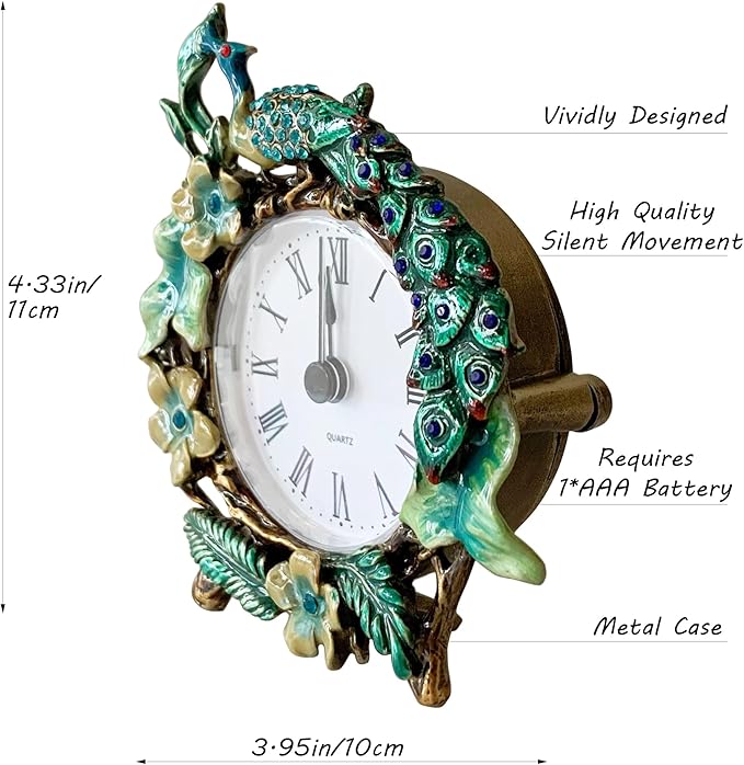Vintage Mini Analog Table Clock, Silent Small Table Clock with Hand-Painted Metal Body and Battery Operated Non-Ticking Clock Core for Shelf, Bedroom, Bedside, Desk, Gift Clock