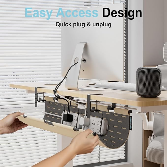 No Drill Under Desk Cable Management Tray, 30" Felt Cord Organizer for Table, Clamp/Screw Mount Wire Management with Privacy Panel for Standing Desk & Home Office (Khaki/Gray)