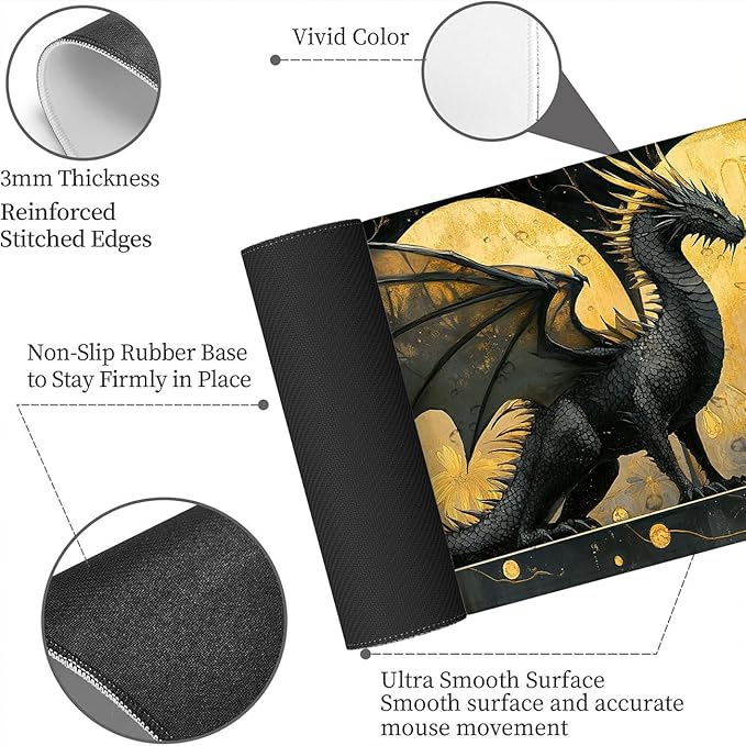 Dragon Desk Mat Black Gold Flower Petal Mousepad XL Large Gaming Mouse Pad Laptop Keyboard Mat Desk Pad for Office Desktops, Home Workstations, and Laptops 31.5x11.8 Inch
