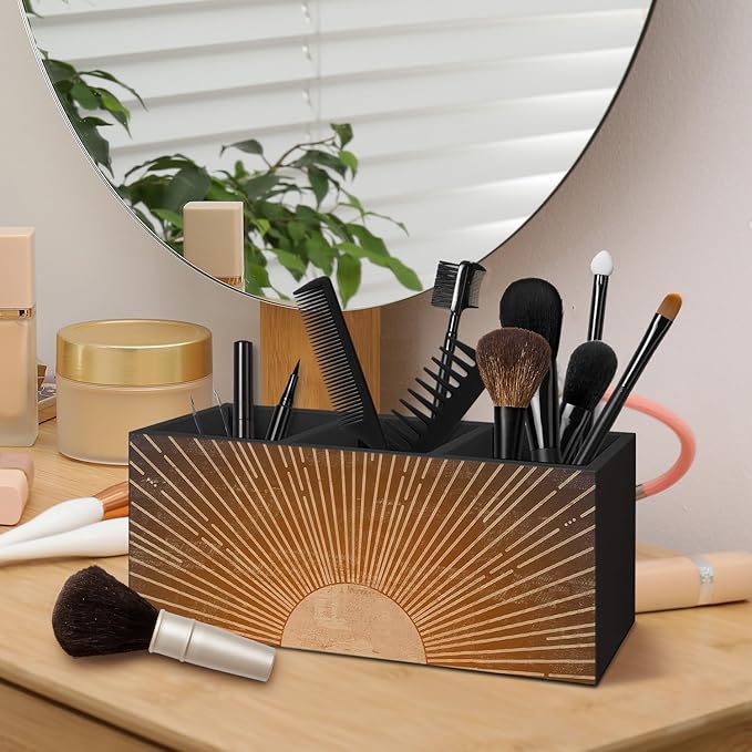 Vintage Boho Sun Wooden Pen Pencil Holder for Desk Accessories, Boho Office Decor, Retro Mid Century Modern Sunshine Wood Makeup Brush Toothbrush Holder Organizer for Vanity Bathroom