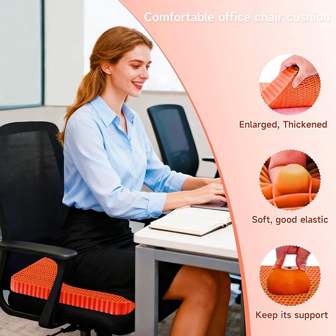 Innovative Gel Seat Cushion for Long Sitting, Breathable Grid Seat Cushion, Soft Cooling Support Chair Cushion for Office, Wheelchair, Car, Gel Cushion for Back, Sciatica,Tailbone Pain Relief.(orange)
