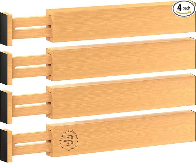 Drawer Dividers - 2.6 Inches High, Adjustable 16 to 22 Inches Bamboo Drawer Organizer, Large Expandable Separator for Clothes, Dresser, Bedroom, Bathroom, Baby, Office, Kitchen Utensils, 4PK, Natural