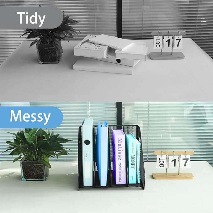 Desk Organizers Metal Magazine File Holder Racks Desktop Folder Storage Binder Organiser Document Organization for Home Office & Classroom,4 Vertical Compartments