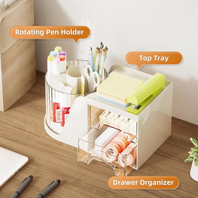 Marbrasse Desk Organizer with 2 Drawer, 360°Rotating Pen Holder, Desk Organizers and Accessories with 6 Slots Pencil Organizer + 2 Drawer, Art Supply Storage Box Caddy for Office (Beige)