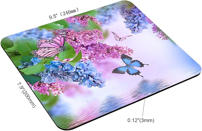 Butterfly Mouse Pad, Spring Blue Purple Lilac Flower with Green Leaves Rectangular Mouse Pad, Non-Slip Rubber MousePads for Office Home Laptop, 9.5"x7.9"x0.12" Inch