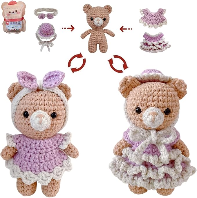 LoopMap Amigurumi Crochet Kit for Beginners with Removable Dress & Video Tutorials, DIY Bear Making Kit Includes Premium Yarn & Tools, Creative Gift for Adults Teens (Purple)