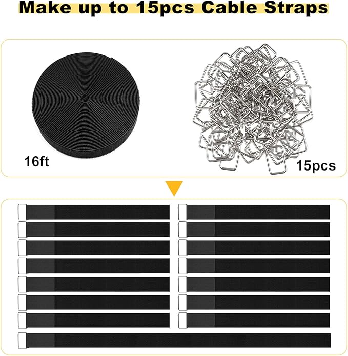 YMCRLUX 1.5"x16ft Hook and Loop Straps with 15 Metal Buckles, Adjustable Fastening Cable Straps, Cut-to-Length Cinch Strap, Reusable Nylon Securing Cord Ties for Organizer or Storage, Black