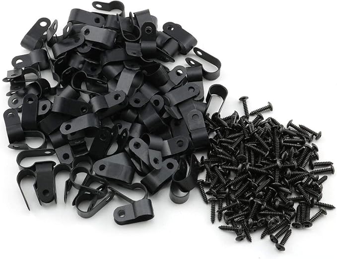 heyous 100pcs 1/2 inch (13.2mm) R-Type Cable Clamp Nylon Wire Hose Tube Fastener Fixed Cable Tie Mount Organizer Holder R Type Cable Clip with Mounting Screw Black