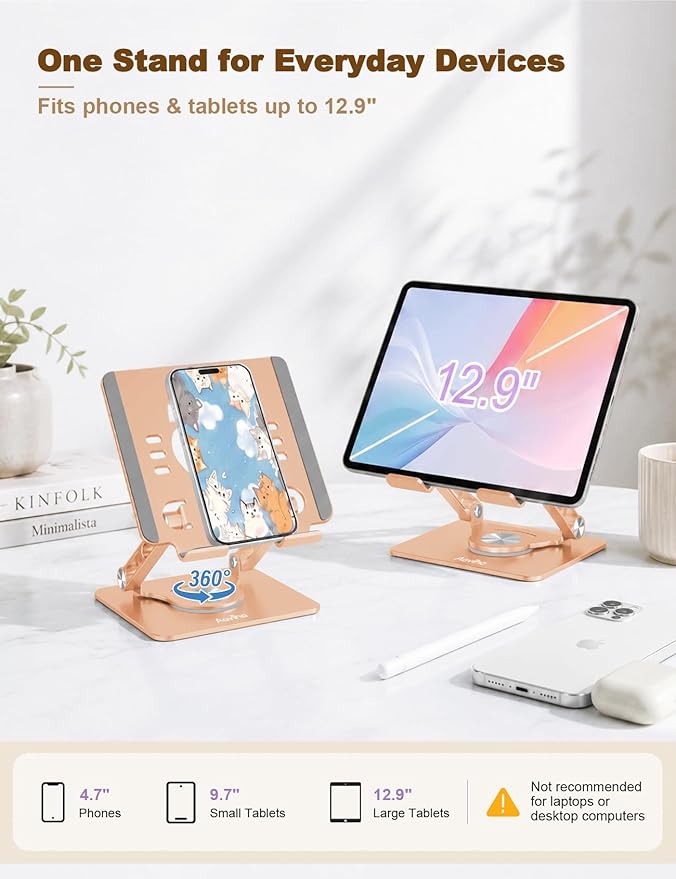 Aoviho Tablet Stand 360° Rotating Aluminum Holder, Adjustable, Portable and Foldable Monitors Stand for iPads, Compatible with 4-12.9" Tablets, Golden
