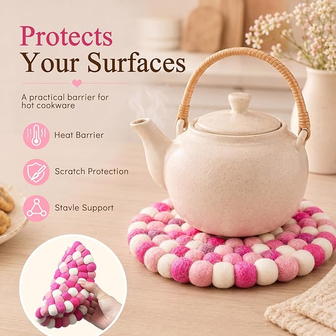 Lallisa 2 Pieces Felt Ball Trivet Round Felt Ball Coasters Handmade Trivet Multi Color Pot Mat Hot Plate Holder Heat Resistant Pot Holder for Table Desk Kitchen Decoration Accessories(Pink)