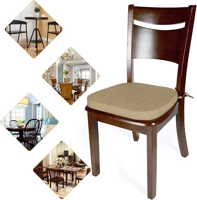Shinnwa Dining Chair Cushions, Non Slip Seat Cushions for Kitchen Chairs with Ties, 15 x 15.5 inches, Natural Linen
