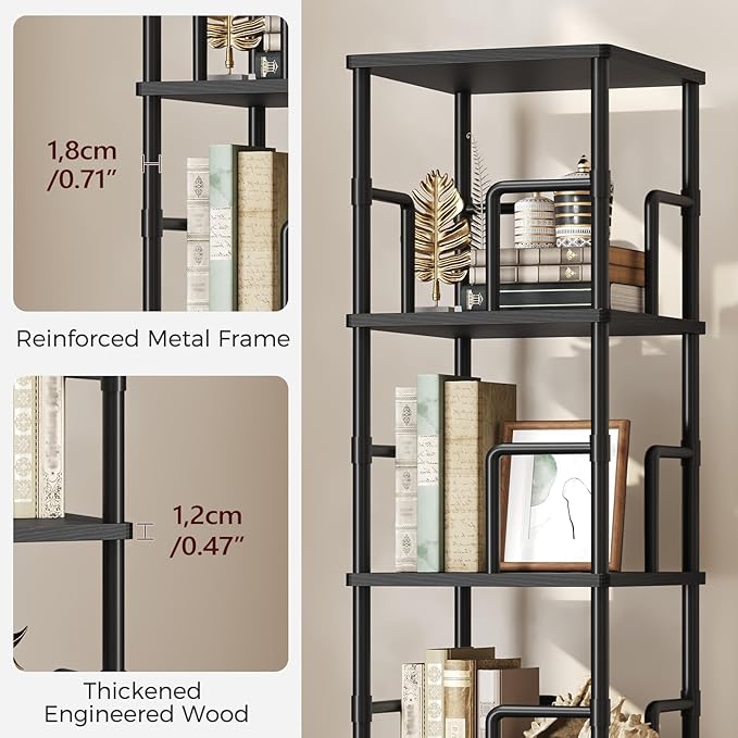 MAHANCRIS 5-Tier Rotating Bookshelf, Freestanding Corner Bookshelf, 360° Spinning Bookcase, Industrial Style Storage Rack with Rails, for Living Room, Bedroom, Study, Black BKBK1601