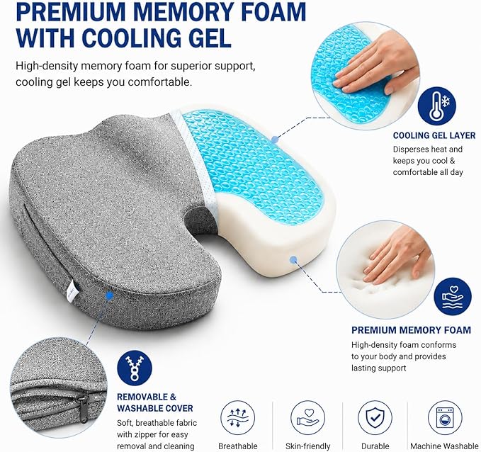 Seat Cushion for Long Sitting, Cooling Gel Memory Foam Seat Cushion - Back, Sciatica, Coccyx, Tailbone Pain Relief - for Office Chairs, Car Seat, Wheelchair Sitting Cushion (Grey)