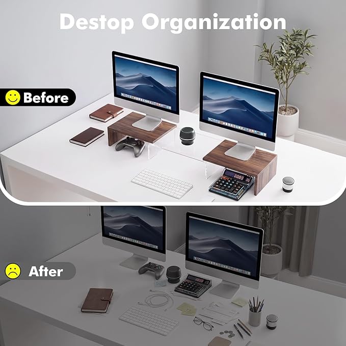 Dual Monitor Riser, Acrylic Monitor Riser, Adjustable Angle & Length Computer Monitor Stand, Wide Desk Shelf for Top of Desk for Home Office_Walnut Look Small