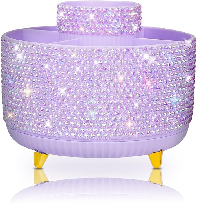 Bling Purple Phinestone Desk Organizer with 5 Slots 360 Degree Rotating，Bling Pen Holder Makeup Brush Holder for Women, Silver Rhinestone Office Accessories(Purple)
