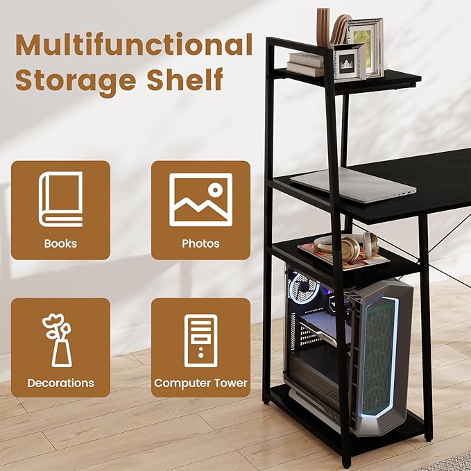 Tangkula Computer Desk with Shelves, Space Saving Home Office Desk with 3-Tier Ladder Shaped Storage Bookshelf, Modern Writing Study Desk with Metal Frame, Compact Computer Workstation (Black)