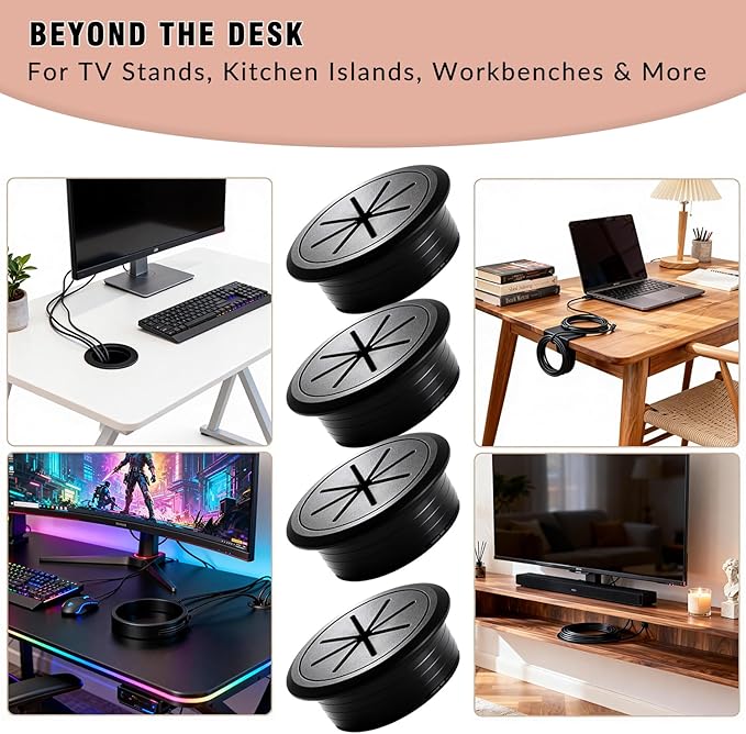 Desk Grommet Kit - 8 PCS 2 Inch Black ABS Plastic Cable Hole Cover with Soft Rubber Liner & Included Hole Saw - Cord Grommet for Wire Management on Countertops, TV Stands & Office Tables