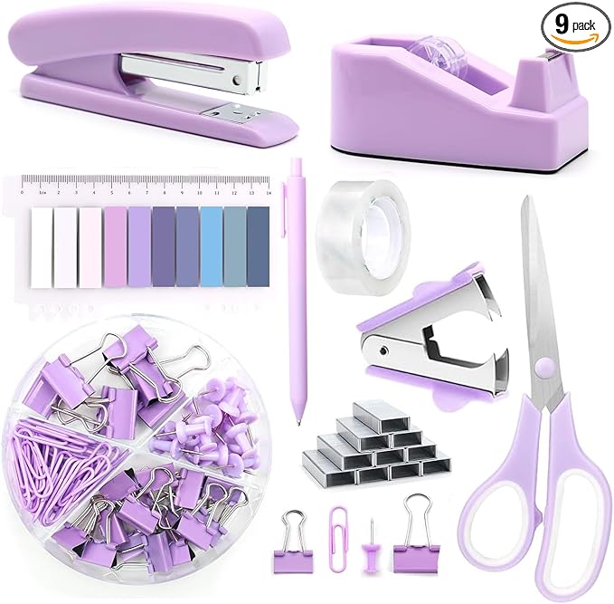 Office Supplies,Purple Desk Accessories,Office Supplies Set,Stapler and Tape Dispenser Set,Scissors,Staple Remover,Binder Clips,Staples,Ballpoint Pen,Index Tabs with Ruler,Clear Tape.9pcs for Office