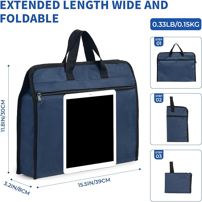 M&G 12x15 in Large Zipper Pouch with Handle, A4 Foldable Heavy-Duty Waterproof Oxford Zipper Document Bag, File Organizer for Office Travel Books Papers Filing Folder, Double Layer 1 Pack (Dark Blue