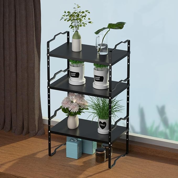 Jojocross Expandable Shelf for Cabinet Organizer Adjustable and Stackable Spice Rack at Kitchen and Bathroom More, Counter Countertop Cupboard Organization Pantry Storage(LARGE/3PACKS/BLACK)