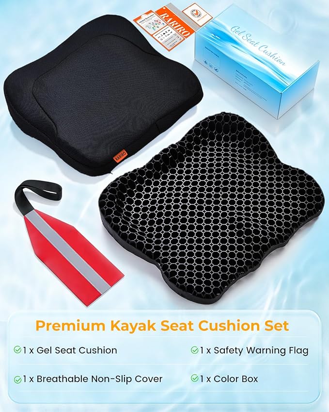Premium Gel Kayak Seat Cushion, Thickened Non-Slip Waterproof Seat Pad, Breathable Universal Fit for Canoe Fishing Boat, Portable Washable Kayak Accessories, with Safety Travel Flag - Blue
