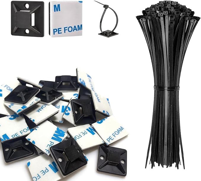 Strong Back-Glue Self Adhesive Cable Zip Tie Mounts Kit - 100 Set Cable Management Clips with 6" Zip Ties, Wire Holders - Outdoor Sticky Wire Organizer Clips-Black