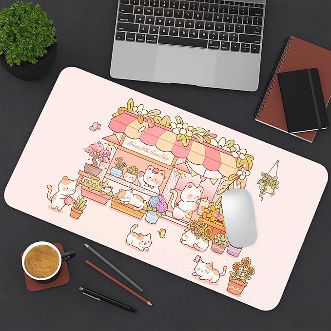 Cute Cat Desk Mat, Kawaii Pink Flower Shop Large Mouse Pad for Desktop, PU Leather Waterproof Desk Pad, Anti-Slip Computer PC Laptop Protector Gaming Mouse Pads for Office Home Decorations