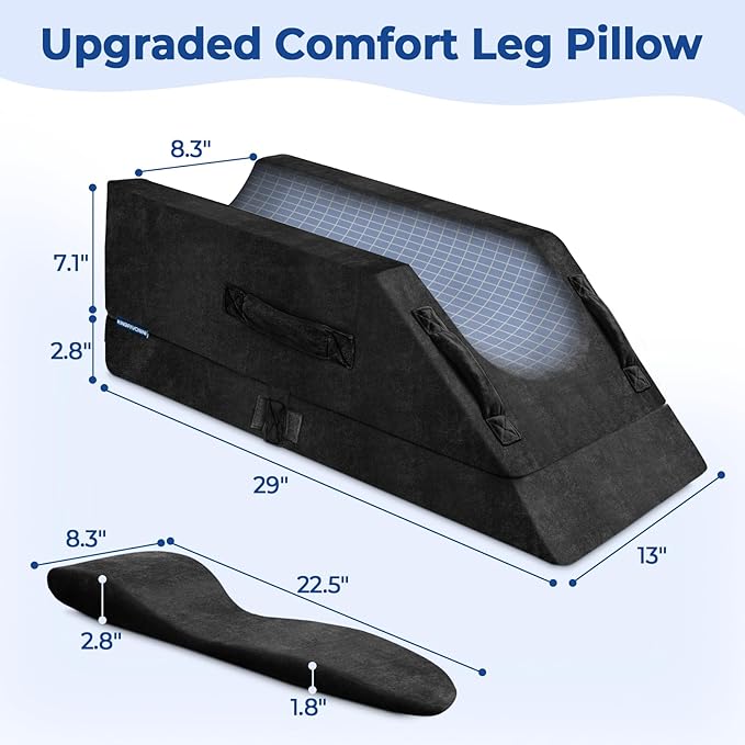 KingPavonini 4-Height Adjustable Leg Elevation Pillows for After Surgery with Ergonomic Curve, Memory Foam Wedge Pillow for Legs Swelling, Blood Circulation and Pain Relief, Black (Single Leg)