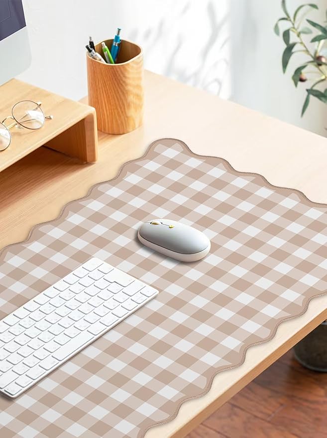 Scalloped‌ Checkered Desk Mat Cute Light Brown Gingham XXL Large Gaming Mouse Pad Farmhouse Cottagecore ‌Vintage‌ Keyboard Computer Mat Pad for Desktop Aesthetic Cozy Office Desk Decor