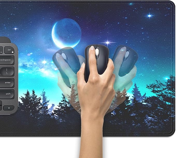 Starry Night Forest Large Gaming Mouse Pad Desk Pad, 27.5x11.8in Moon Galaxy Extended Desk Mat with Stitched Edges, Non-Slip Waterproof Rubber Base for Office, Computer & Laptop