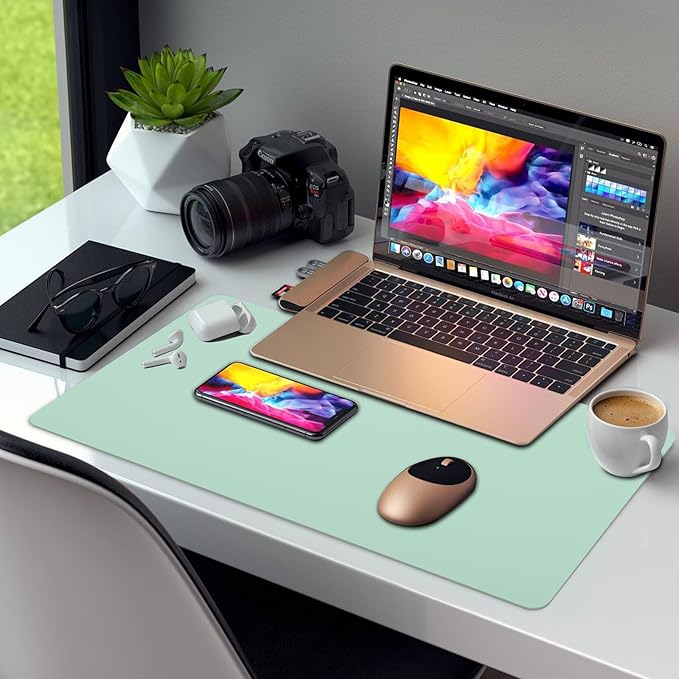 Large Leather Desk Pad Protector 27.5"x13.7",Non-Slip Durable Office Desk Mat for Writing, Computer, Laptop, Mouse Pad & Desktop Use,Desk Protector Mat,Aqua Green