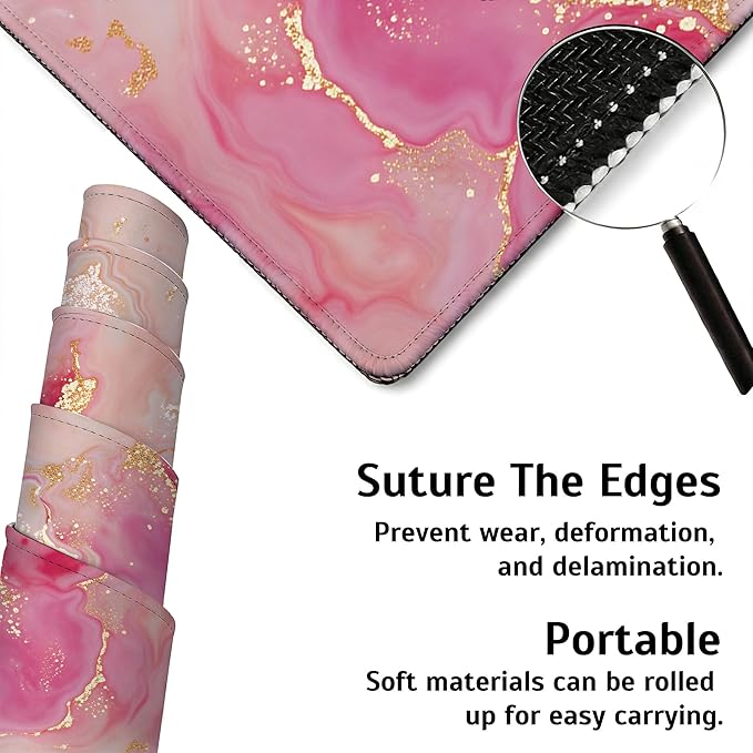 Large Gaming Mouse Pad Pink Gold Marble Desk Mat,Non-Slip Rubber Base Stitched Edges,Extended Mousepad for PC,Laptop,Office,Home Decor(31.5 x 11.8 Inch)