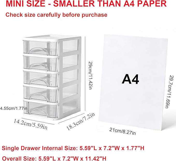 Plastic Desktop Drawer Organizer, Small Clear 5-Tier Storage Drawers, Mini Desk Organizer for Office Stationery Makeup Vanity Supplies