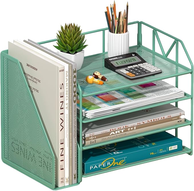 4-Tier Paper File Organizer with Drawer, Metal Desk Organizer, Tiered Paper Tray for Letter/A4 Files, Desktop Office Supplies Storage Rack, Green