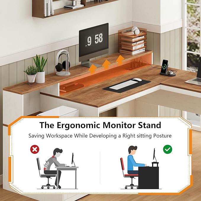 YOMILUVE 63" Farmhouse L Shaped Executive Desk with Drawers & Storage Shelf, Corner Fluted Computer Desk with Power Outlets, L Shaped Office Desk with Monitor Stand, Printer Shelf