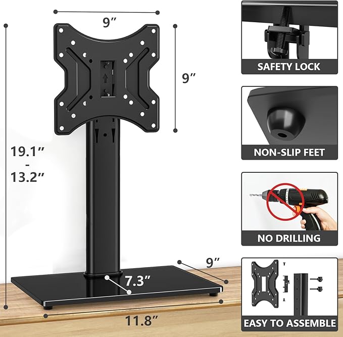 TVON Universal TV Stand Base, Swivel Table Top TV Stand for 20-43 inch TVs/Monitors with 4 Level Height Adjustment and Tempered Glass Base, Holds up to 88 Lbs, VESA 200x200mm