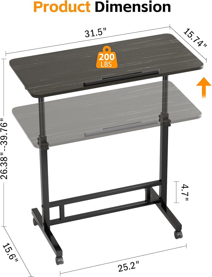 Laptop Table Mobile Adjustable Height Portable Desk Notebook Swivel PC Computer Rolling Desk with Wheels, Laptop Stand for Couch Bedside Hospital Bed Table (Black Table)