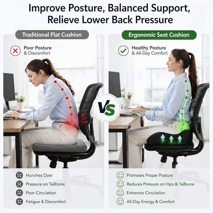 CXC Cooling Gel Seat Pad – Ergonomic Memory Foam Office Chair Cushion with Breathable Mesh & Airflow Design, Tailbone Relief Support for Long Sitting, Truck Drivers & Wheelchair Users
