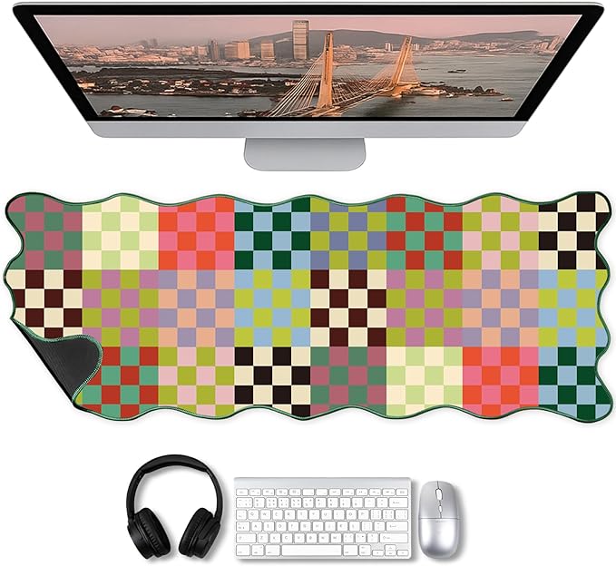 Copkim 1 Pcs Colorful Scalloped Checkered Desk Mat 31.5 x 11.8 Large Cute Mouse Pad Computer Mat Non Slip Waterproof Rubber Base with Border Stitching Soft Keyboard Pad for Home Office Game Makeup