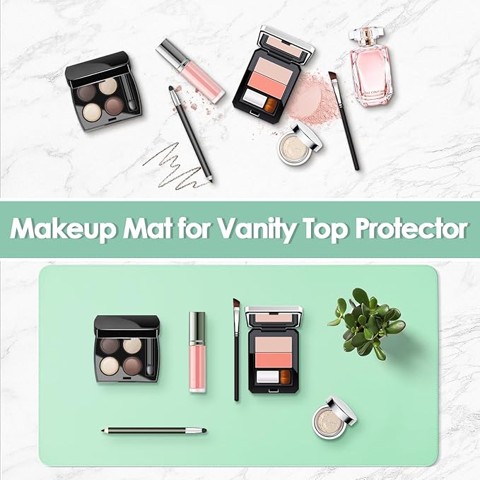 Makeup Mat for Vanity to Protect Desk Top 23.6 x 11.8 in, Dual-Sided Makeup Mat, Easy to Clean Desk Pad - Waterproof and Oilproof Vanity Accessories (Calamine Blue and Mint Green)