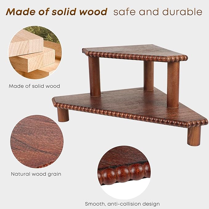 2-Tier Rustic Corner Shelf for Kitchen Counter,Wood Beaded Farmhouse Countertop Organizer with Removable Feet, Stackable Bathroom Vanity & Coffee Bar Decorative Riser Stand(Rustic Walnut)
