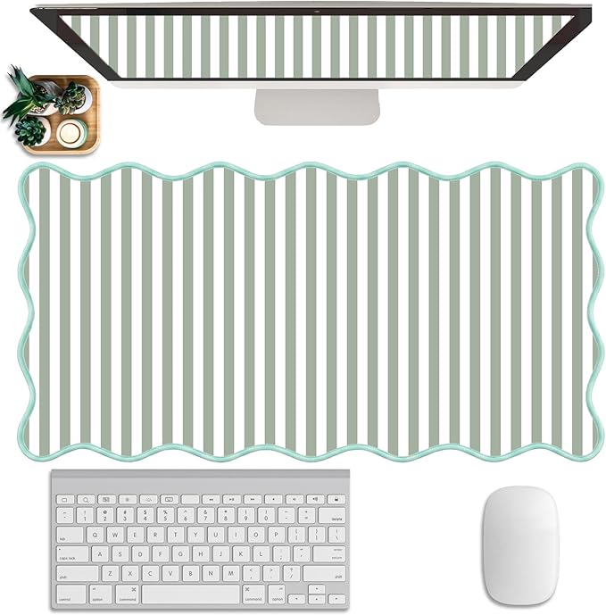 Scalloped Desk Mat Extended Large Cute Striped Mouse Pad Big Desk Pad XXL Aesthetic Stripe Mousepad Gaming Mouse Pad for Keyboard Computer Laptop Home Office Accessories 31.5X15.7Inches Sage Green