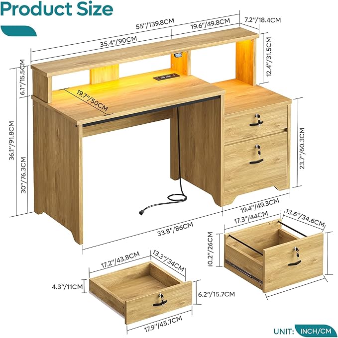 Bestier 55" Computer Desk with Power Outlets & LED Lights, Home Office Desk with Lockable File Drawer & Printer Shelf, Monitor Stand, Modern Gaming Desk & Study Workstation, Natural Oak