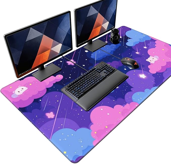 Extra Large Mouse Pad 48x24 Inch, Cute Cartoon Cat Starry Sky Desk Mat with Non-Slip Base, Purple Mousepad for Gaming Office, Soft Keyboard Mat for Full Desk Coverage